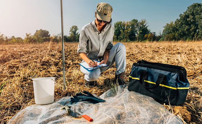 a soil technician in a field analyzing the soil